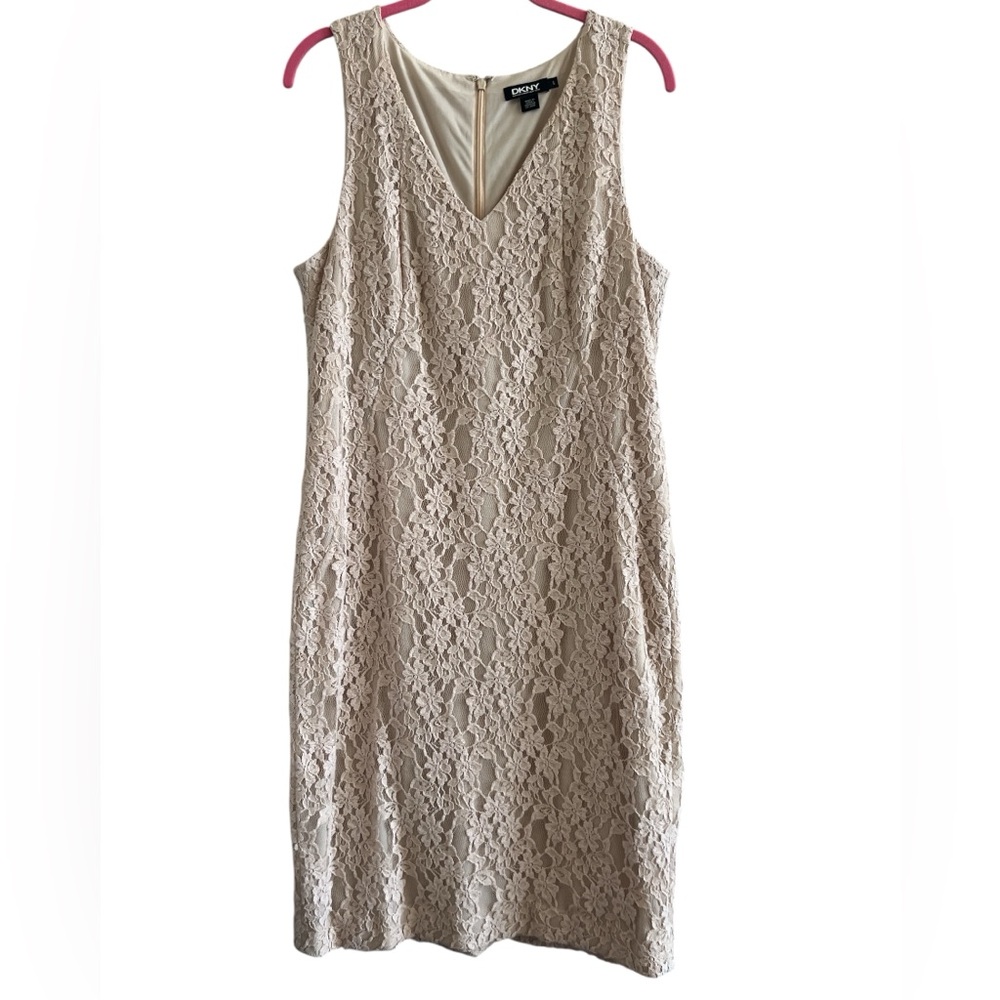 DKNY Tan Lace Sleeveless V-Neck Dress Size Large